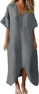 [Generic] Swimming Dress with Sleeves Womens Summer V Neck Solid Color Cocktail Dresses Blue Ladies Extra Large Plus for Women Elegant Plain Exquisite Erotic Casual Long Dress