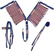 Tahoe Tack American Flag Double Layered Nylon Patriotic Padded Headstall, Reins and Breast Collar with Fringes 3 Items Set