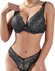 [Bolsamila] Lace Lingerie Set, T-Shirt Bra, Carbon Silver Print Lace Bandeau Bra