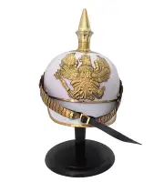 Vintage White German Spiked Prussian Pickelhaube Helmet with Black Wooden Stand