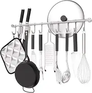 OKEPOO Kitchen Hanging Rack, 20 Inch Wall-Mounted Pot Holder with 10 Quiet Sliding Hooks, Rail Organizer Utensil Holder Bar for Cooking Spatulas Cups, Made of 304 Stainless Steel. (Silver)