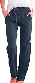 [UANGKOU] Womens Plus Size Linen Pants Wide Leg Palazzo Trousers High Elastic Waist Flowy Pants Culottes with Pockets