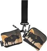 [XYMZR] Mini Zip Around Wristlet keychain Wallet Bull Full Moon for Women Personalized Pattern Detachable Dual Pouch Wristlet Portable Wallet Phone Coin Purse, Multi-colored, One Size