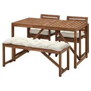 NÄMMARÖ table+2 chairs+ bench, outdoor, light brown stained/Kuddarna light grey-beige, 140x75 cm