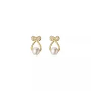 ANYCO Fashion Earrings Gold 925 Sterling Silver Shiny Zircon Bow Natural Pearl Hollow Stud for Women Jewelry