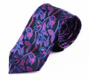 Mens Black With Magenta & Blue Leaf Print Patterned 8Cm Neck Tie
