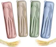 4 Sets of Travel Cutlery Set, Camping Cutlery Set, Reusable Wheat Straw Cutlery Knife, Fork and Spoon Set, Portable Cutlery Set, Suitable for Children Adult Travel Picnic Camping or Daily use.
