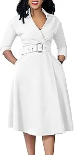 [JSOKWVAD] Women's Lapel Deep V Neck Dress with Belt Solid Color Daily Dresses for Business Work Casual Guest Office Party
