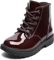 [CCVON] Girls Dress Boots Waterproof Combat Boots Lace Up Side Zipper Patent Ankle Booties for Toddler/Little Kid
