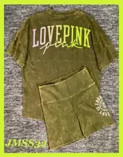 Victoria's Secret Pink Ombre Tie Dye Varsity Tee + Bike Shorts Set Lime Green L