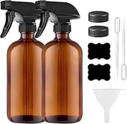 GIOD Amber Glass Spray Bottles 250ml (2-Pack), Boston Round Essential Oil Sprayers with UV Protection, BPA-Free with Black Booster Spray Cap, Label, Funnel, Lid, Pipette