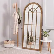 Furb Arch Window Mirror, Full Length Floor Mirror, Free Standing, Wood Frame, Shatterproof Tempered Glass, 180x80cm (Brown)