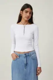 Cotton:On Women's Romy Boat Neck Backless Long Sleeve Top White Size S NEW
