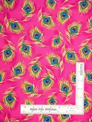 Loralie Designs Pretty Peacock Feathers Cerise Pink Cotton Fabric By The Yard