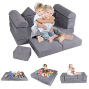 Babyjoy 8PCS Kids Modular Sofa Playset Creative Combination Couch Suede Foam Block Kindergarten Sofa Grey
