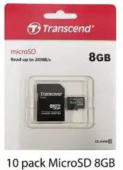 10 Pcs Transcend 8GB MicroSDHC Class 10 Memory Card with Adapter
