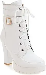 [MIOKE] Women's Round Toe Platform Dressy Ankle Boots Lace Up Zipper Chunky Block High Heel Dress Short Bootie