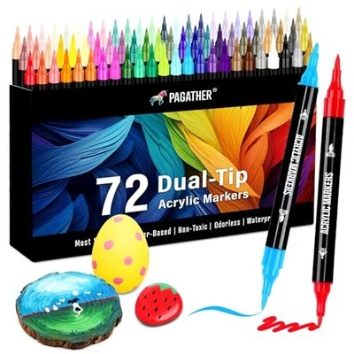 Acrylic Paint Markers, Dual Tip with Fine Tip and Brush Tip Pens for 72 Colors