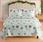 3 Pieces -Nicholas WINTER VILLAGE Reversible QUILT + SHAMS - Ice Skating Snowman