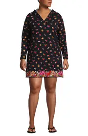 Lands' End Plus Size Hooded Mini Swim UPF 50 Swim Cover-Up Dress in Black Meadow Floral Border at Nordstrom, Size 2 X