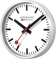 Mondaine Wall Clock A990.Clock.16SBB 25cm - Official Swiss Railways Clock Red Second Hand Aluminium Casing Dust Resistant, Silver