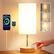 Clora Bedside Table Lamp Touch Lamp with Dual USB C+A Charging Ports Dimmable Modern Nightstand Night Lamp 3 Color Temperatures Fabric Shade Reading/Study/Bedroom/Living Room LED Bulb Included