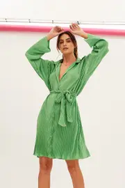 Green Plisse Shirt Dress Front Button - Size 8, Women's Skater Dress