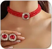 [Missgrace] Vintage Boho Red Bride Wedding Large Party Prom Geometry Rhinestone Layered Choker Necklaces and Earrings Set for Women
