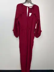 Premier Amour Burgundy Red V-Neck Long Sleeve Jumpsuit Women's Size 10 Ruffle