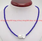 Faceted 2x4mm Blue Jade Gemstone Beads White Baroque Pearl Necklace 18"