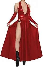 [EGEN] Sexy Halter Sleeveless High Split Slim Midi Dress PU Leather Dress with Gloves Slim Backless Long Dress Club Party Robe S-7XL (7X-Large,Red,7X-Large)