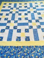 QUILT TOP~ 52” X 52”. BLUE & YELLOW, BED, BABY, SOFA, HOME DECOR~PIECED~.U.S.A.