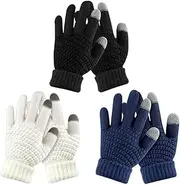[LAWSENMIN] 3 Pairs Gloves Winter Knit Warm Stretchy Full Fingers Gloves