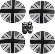 4PCS Black/Grey Union Jack UK Flag Style Wheel Center Caps + Valve Stem Caps, 52mm 2 inches Center Caps for Rims Compatible with Mini Cooper R50 R51 R52 R53 R55 R56 R57 R58 R59 R60 R61 F55 F56, etc.
