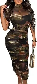 [MOEENCN] Sexy Long Sleeve Mini Dress for Women Sheer Mesh Printed 2 Piece Skirt Set Crew Neck See Through Bodycon Clubwear