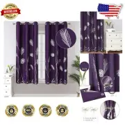 Lush Purple Room Darkening Curtains - 63" Length, Soft Palm Leaf Print, 2 Panels