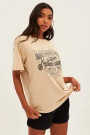 Beige Graphic Tee Short Sleeve Round Neck Cotton - Size XS, Women's Graphic Tee