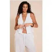 Plus Brown Pinstriped Tie Front Top, Brown