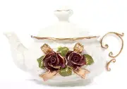 NEW - White Small Ceramic Rose Teapot with Lid, Gold Trim Victorian