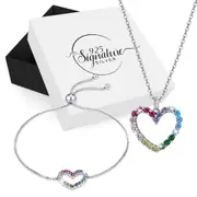 Boxed Solid 925 Signature Silver Rainbow Heart Necklace and Bracelet Set