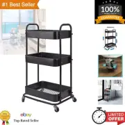 Modern 3-Tier Rolling Storage Cart with Mesh Baskets - Dark Black Finish