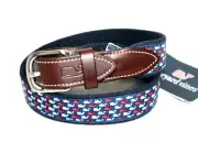 VINEYARD VINES Canvas Club Belt Size 26 Red White Blue Whale Print Brown Leather