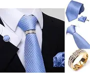 [Generic] Checkered Ties for Men Striped Necktie and Pocket Square Cufflinks golden ring Set 4PC