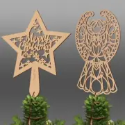 2Pcs Christmas Tree Topper Hollow Out Wooden Star Angel Treetop Ornament Decor