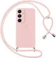 Oelrstfe Mobile Phone Lanyard for Samsung Galaxy A54 5G, Case with Strap, Heart Motif, Mobile Phone Case for Hanging, Silicone, Shockproof, Ultra Thin, Soft Protective Case with Cord, Gold Love