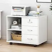 Mobile Filing Cabinet, 3-Drawer Wood File Cabinet with Lock，Printer Stand with Open Storage Shelves for Home Office