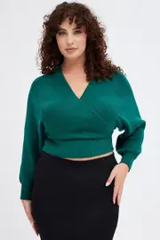 Green Knit Top Long Sleeve Cross Over