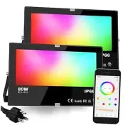 LED Flood Light 80W, 8000LM, Outdoor RGB Color Changing, Smart Floodlights