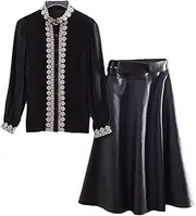 [Mkjuuior] Autumn and Winter Two-Piece Embroidered Stand Collar Shirt + High Waist PU Leather Skirt Suit