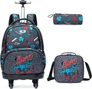 [Egchescebo] Kids Rolling Dinosaur School Backpack for Boys Luggage Suitcase With Wheels, Blue-huashi-kl-1220, 18, Travel Backpacks
